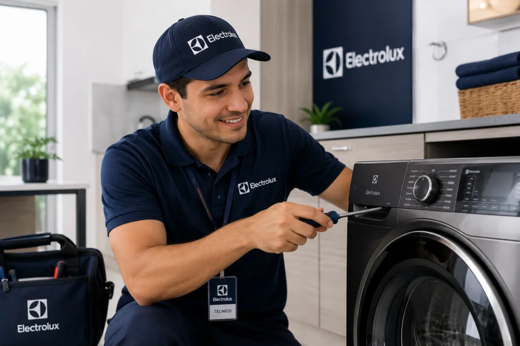 Técnico autorizado Electrolux reparando una lavadora en Chile