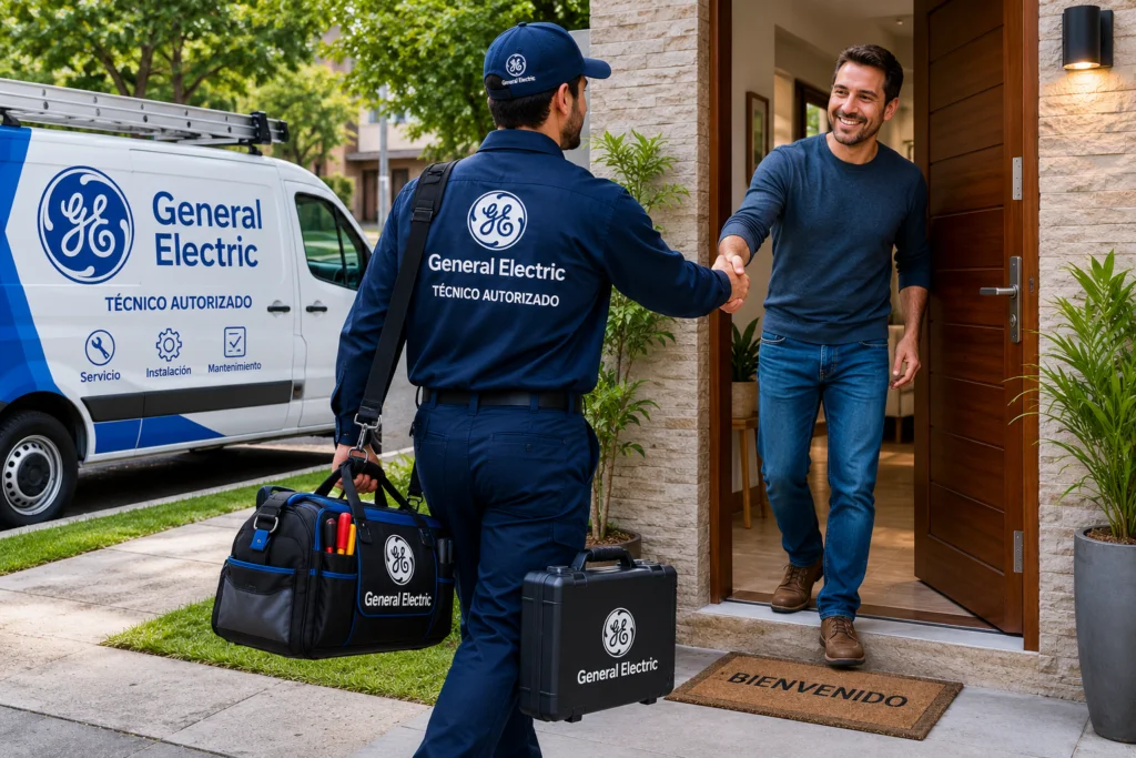 Técnico autorizado General Electric saludando a un cliente en Chile