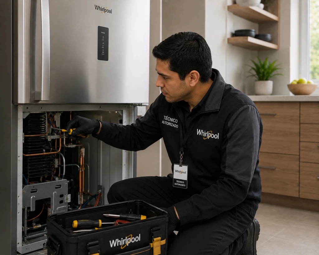 Técnico autorizado Whirlpool documentando una reparación en Chile